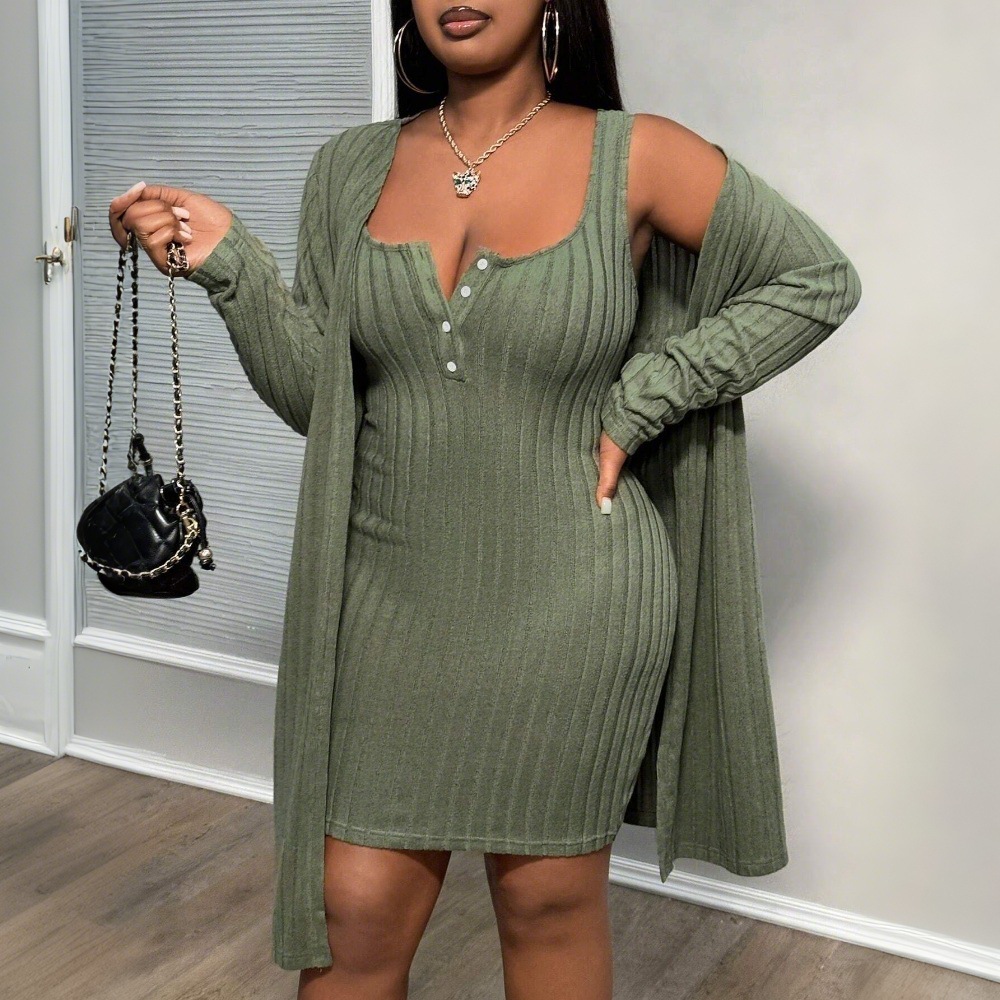 All matching Elegant Fashion Suit Cloak Dress Two piece Set Gray Green - Shop at LoveMi