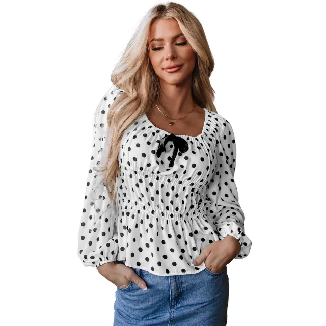 Women's Loose Bundle Casual Square Collar Polka Dot Long Sleeve Shirt Black - Shop at LoveMi
