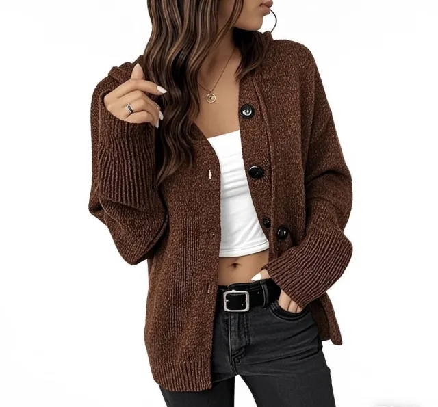 Women's Drawstring Knitted Solid Color Hooded Single breasted Sweater Caramel - Shop at LoveMi