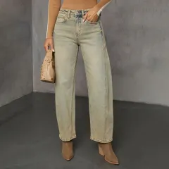 American Stretch High Street Straight Nostalgic Retro Blue Women's Denim Trousers - Khaki - View 1