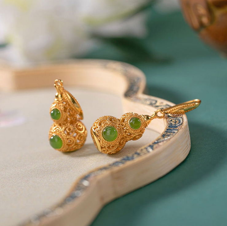 Green Gourd Earrings Inlaid With Ornament Women