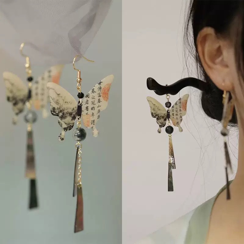 New Chinese-style Ink-wash Calligraphy Butterfly Earrings For Women