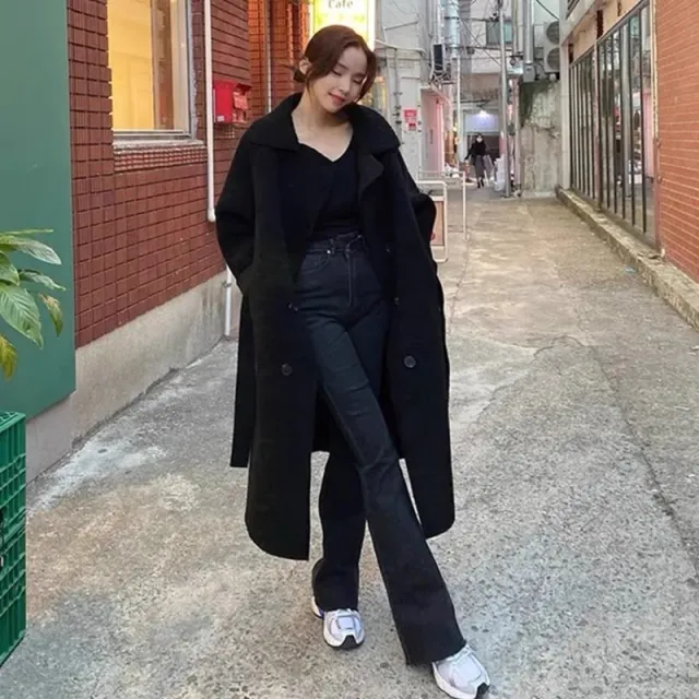 Gentle Elegant Lapel Double breasted Loose All match Long sleeved Lamb Wool Coat Black - Shop at LoveMi