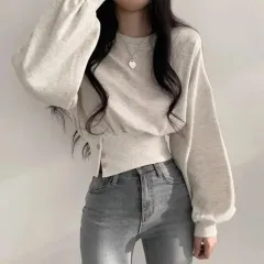 Autumn Crew Neck Button Long Sleeve Short Pullover Sweatshirt Top For Women - Light Gray - View 1