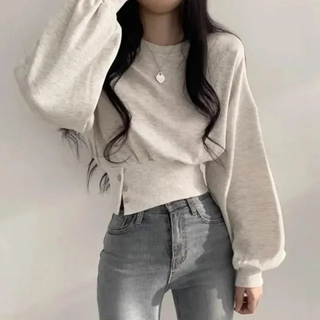 Autumn Crew Neck Button Long Sleeve Short Pullover Sweatshirt Top For Women Light Gray - Shop at LoveMi
