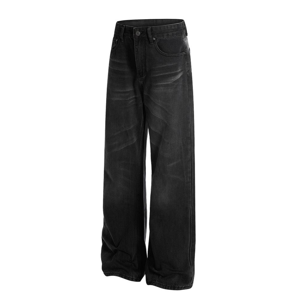 Retro Whisker-washed Distressed Straight-leg Denim Jeans - Image 1