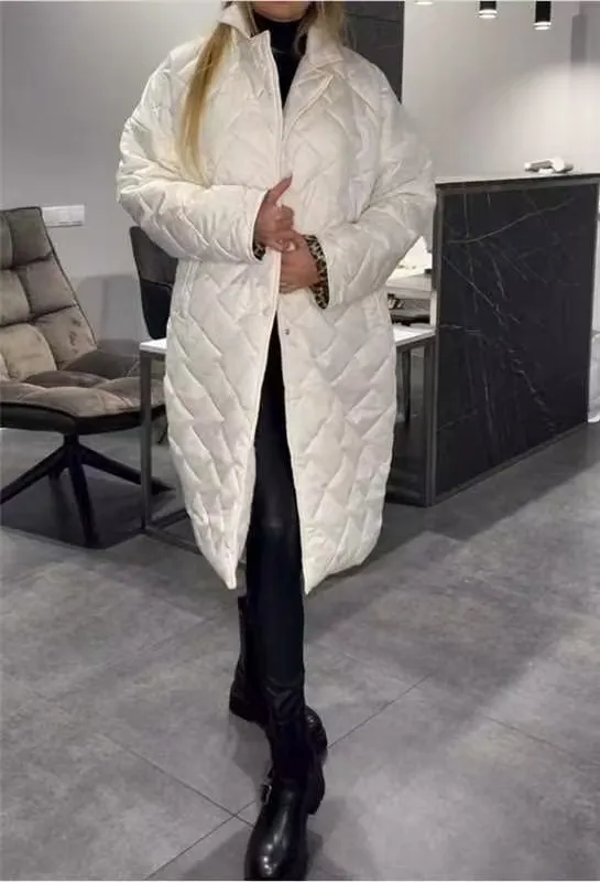 Winter Rhombus Stitching Coat Warm Solid Color Pocket Lapel Long Jacket Women's Clothing - White