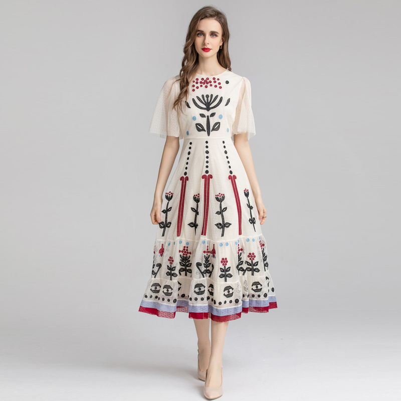 Machine Embroidery Color Matching Swing Cinched Mesh Dress — image 1