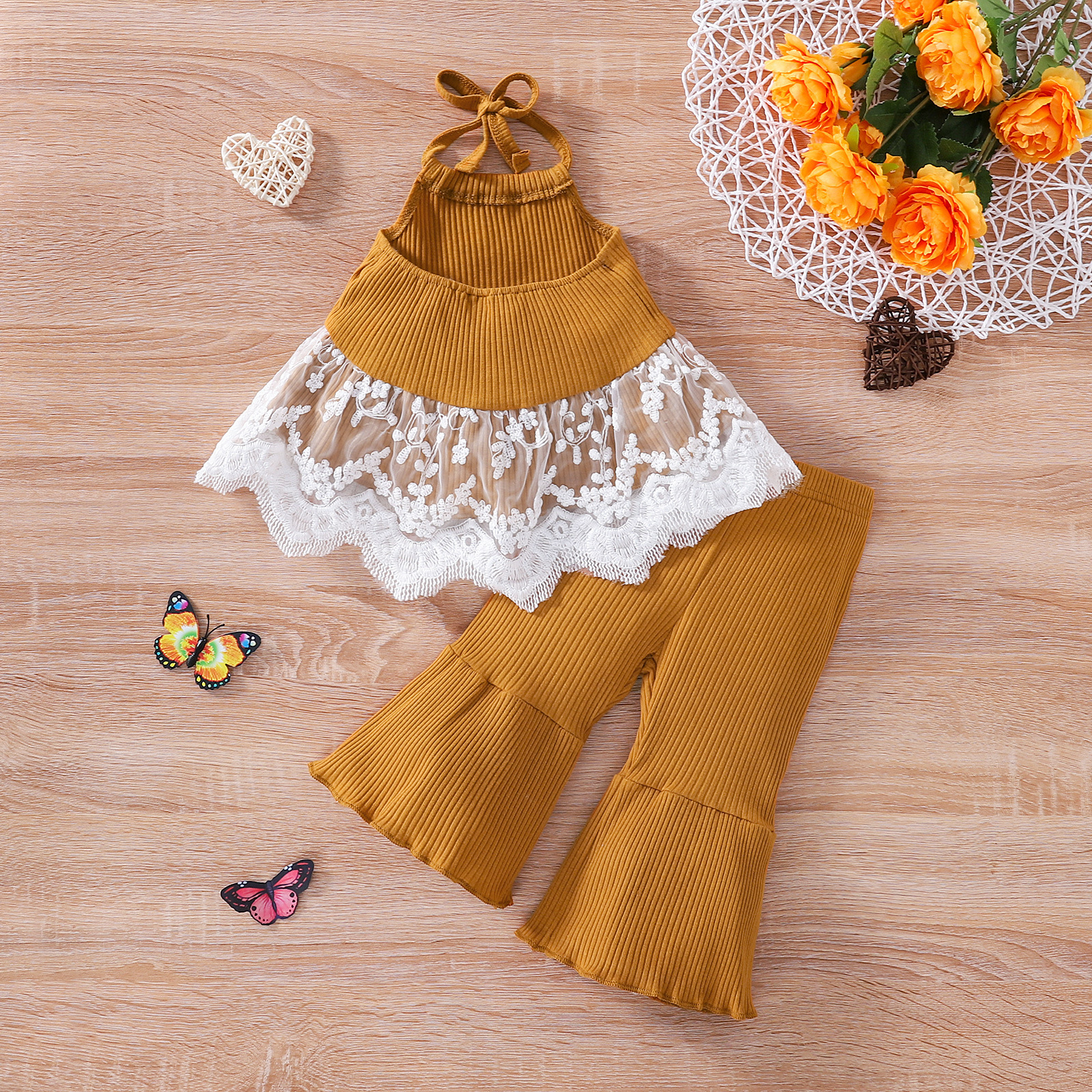 Title 4, Lace Halterneck Top Solid Color Flared Pants Tw...