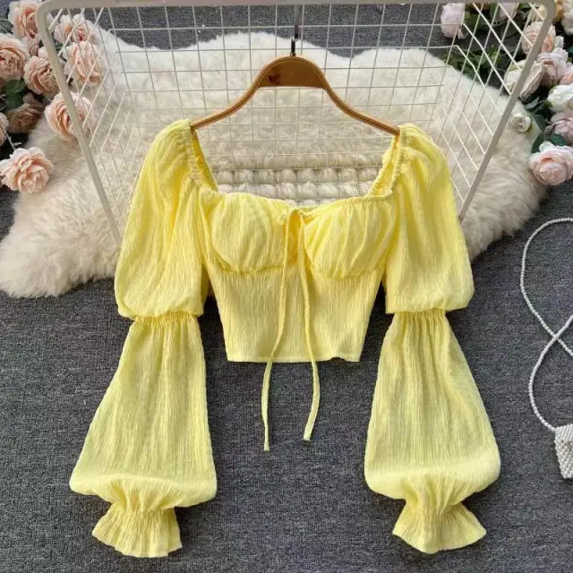 Bow tie cinched Figure hugging Long sleeve Top Yellow - Shop at LoveMi