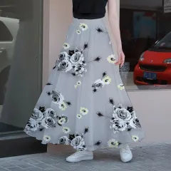 Women's Fashion High Waist Slimming Loose Dress - Elegant Grey Flower - View 1