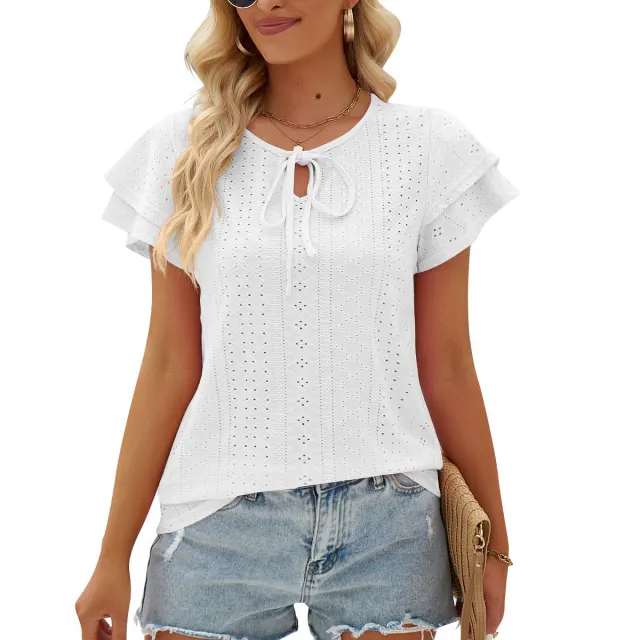 Women's Hole Hollow out Lace up Double layer Sleeve Top White - Shop at LoveMi