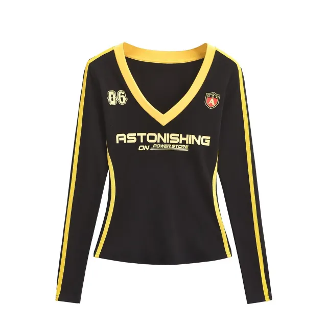 Women's American style Retro V neck Printing Color Contrast Long sleeved T shirt Black - Shop at LoveMi