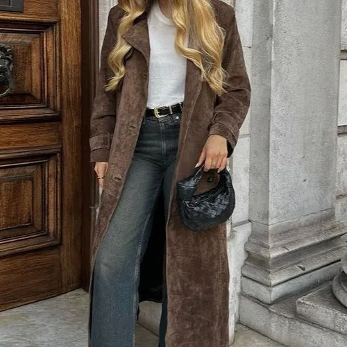 Lace up Waist tight Long Trench Coat Elegant Double breasted Women's Coat Brown - Shop at LoveMi