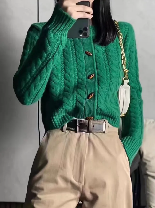 Women's Button Twist Cashmere Cardigan Sweater Green - Shop at LoveMi