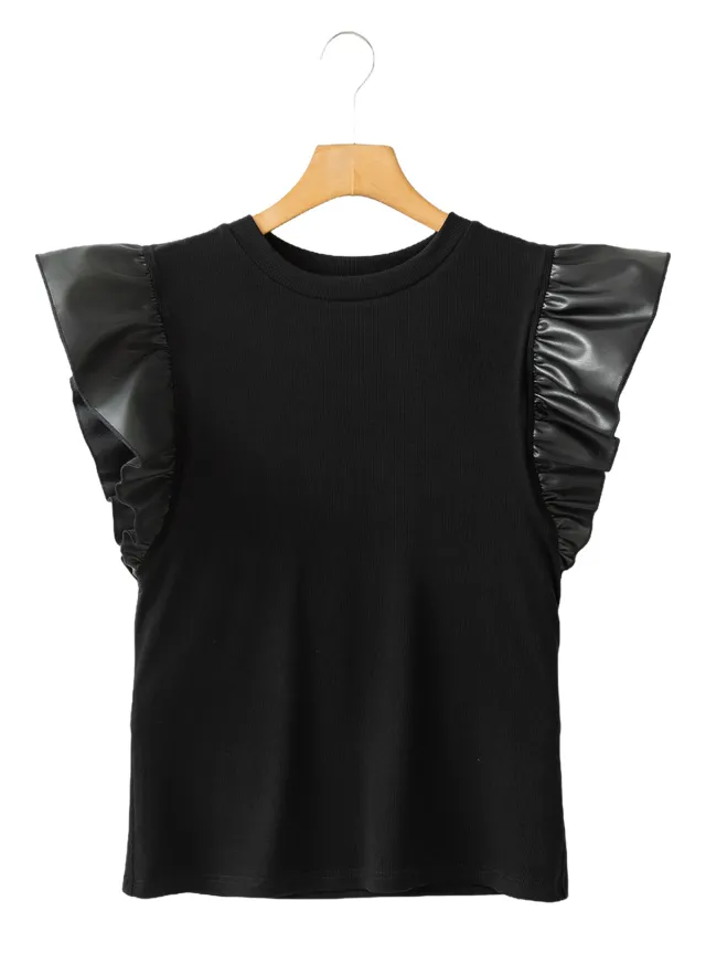 Pullover Women's Mesh Stitching Ruffle Cotton Short Sleeve Solid Color T shirt Black - Shop at LoveMi