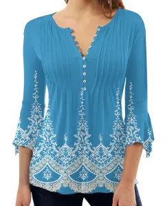 Women's Trendy V-neck 3D Printing Long Sleeve Underwear Blouse - S231000183-3Xl - View 1