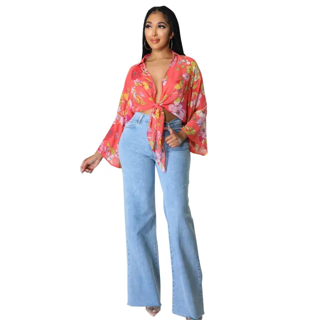 Printed Long Sleeve Flared Sleeves Short Top Red - Shop at LoveMi