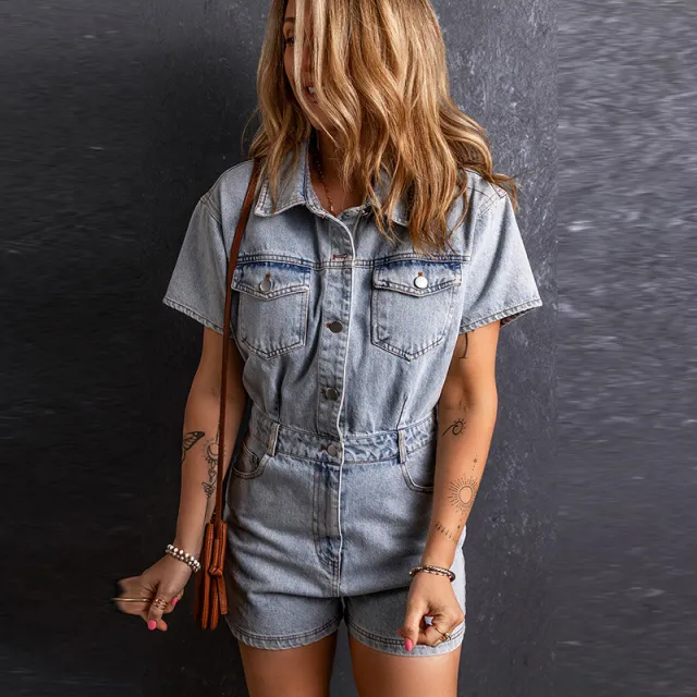 Retro Washed Short Sleeve Rompers Women Lc789113 Light Blue - Shop at LoveMi