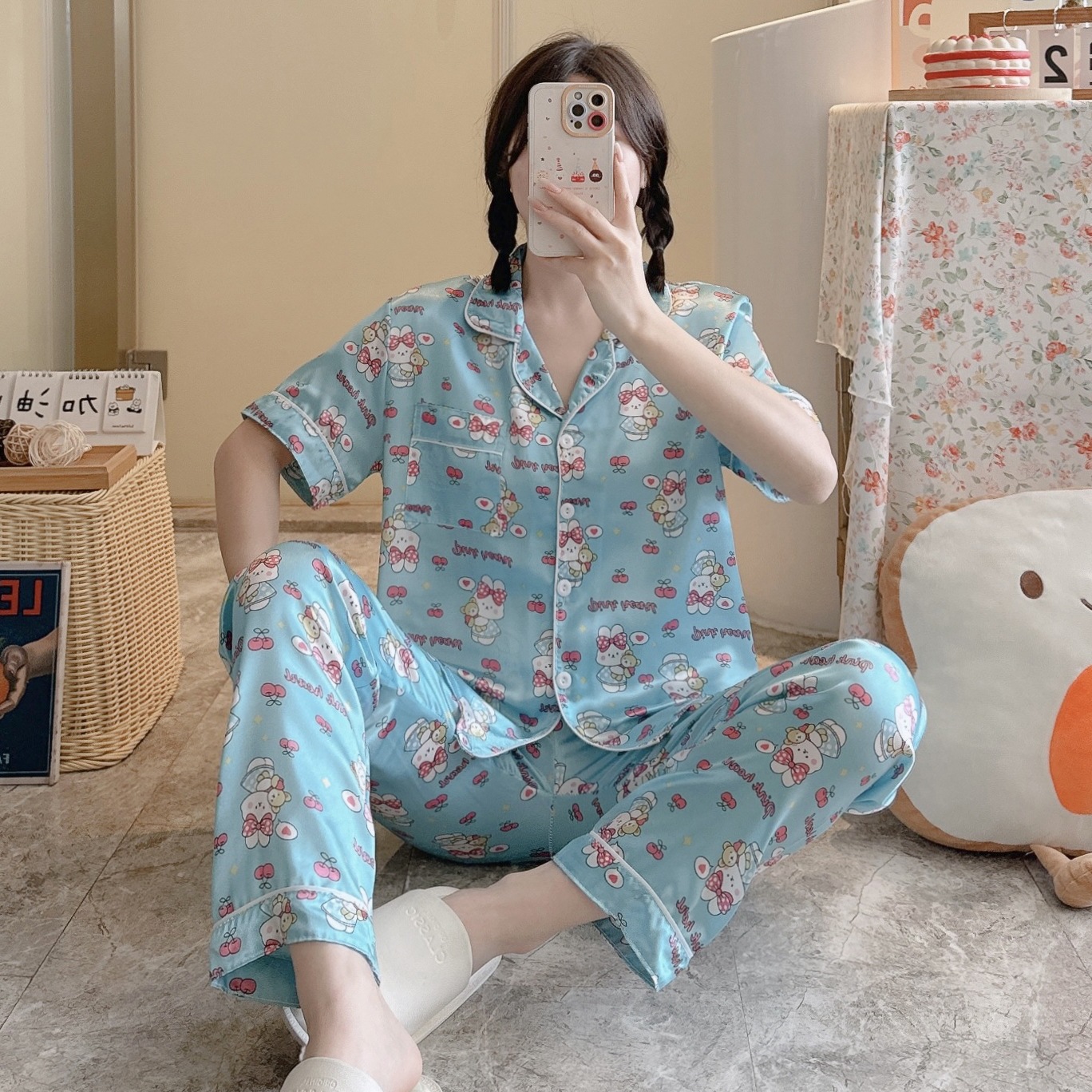 Summer Casual Short Sleeve Comfortable Lapel Ice Silk Home Wear Women 1 Style Xxl - Shop at LoveMi