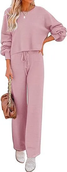 Casual Solid Color Long sleeved Trousers Two piece Set Pink - Shop at LoveMi