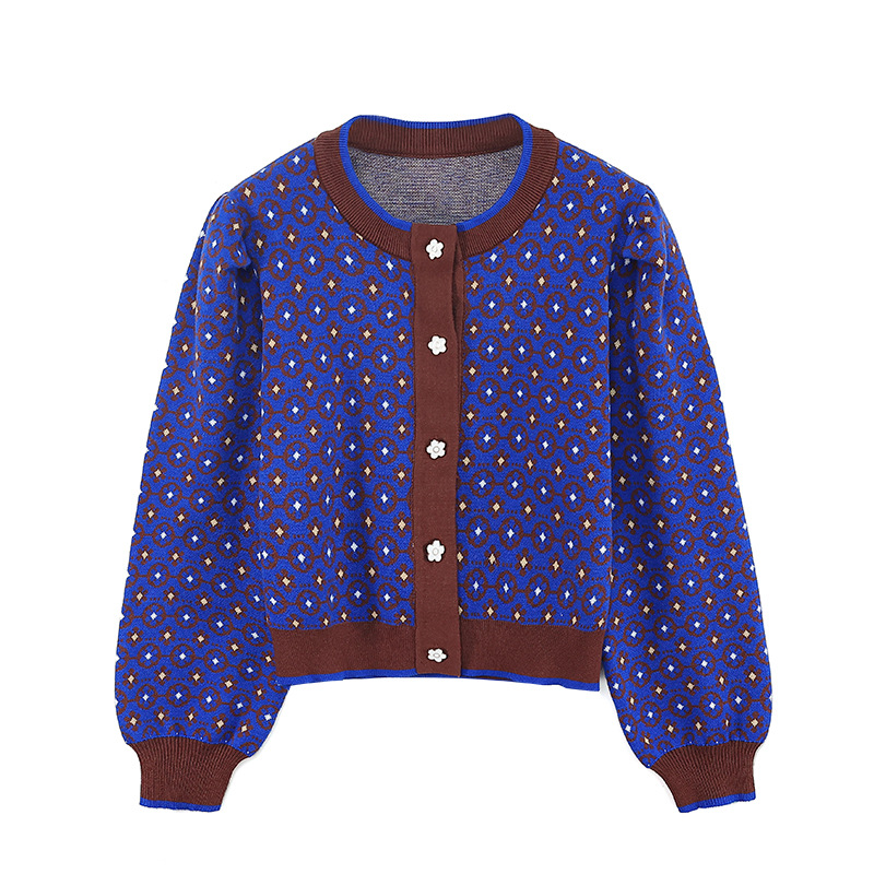 Plaid Floral Short Knitted Cardigan For Women Dark Blue - Shop at LoveMi