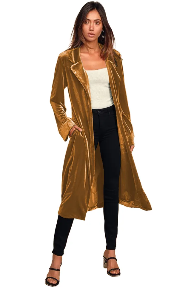 European And American Gold Velvet Long Trench Coat Gold - Shop at LoveMi