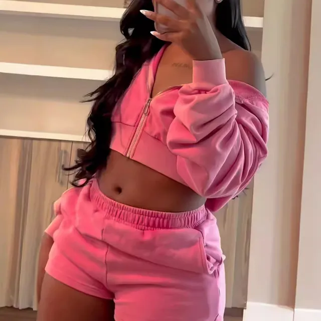 Autumn And Winter Zipper Hooded Long Sleeve Shorts Sweater Suit Pink - Shop at LoveMi