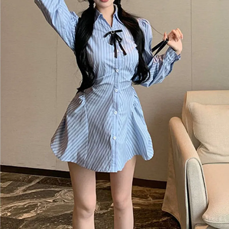 Striped Short Sleeve Dress Women's Summer Design Tight Waist Slimming Bow A- Line Skirt - Blue Shirt Long Sleeve
