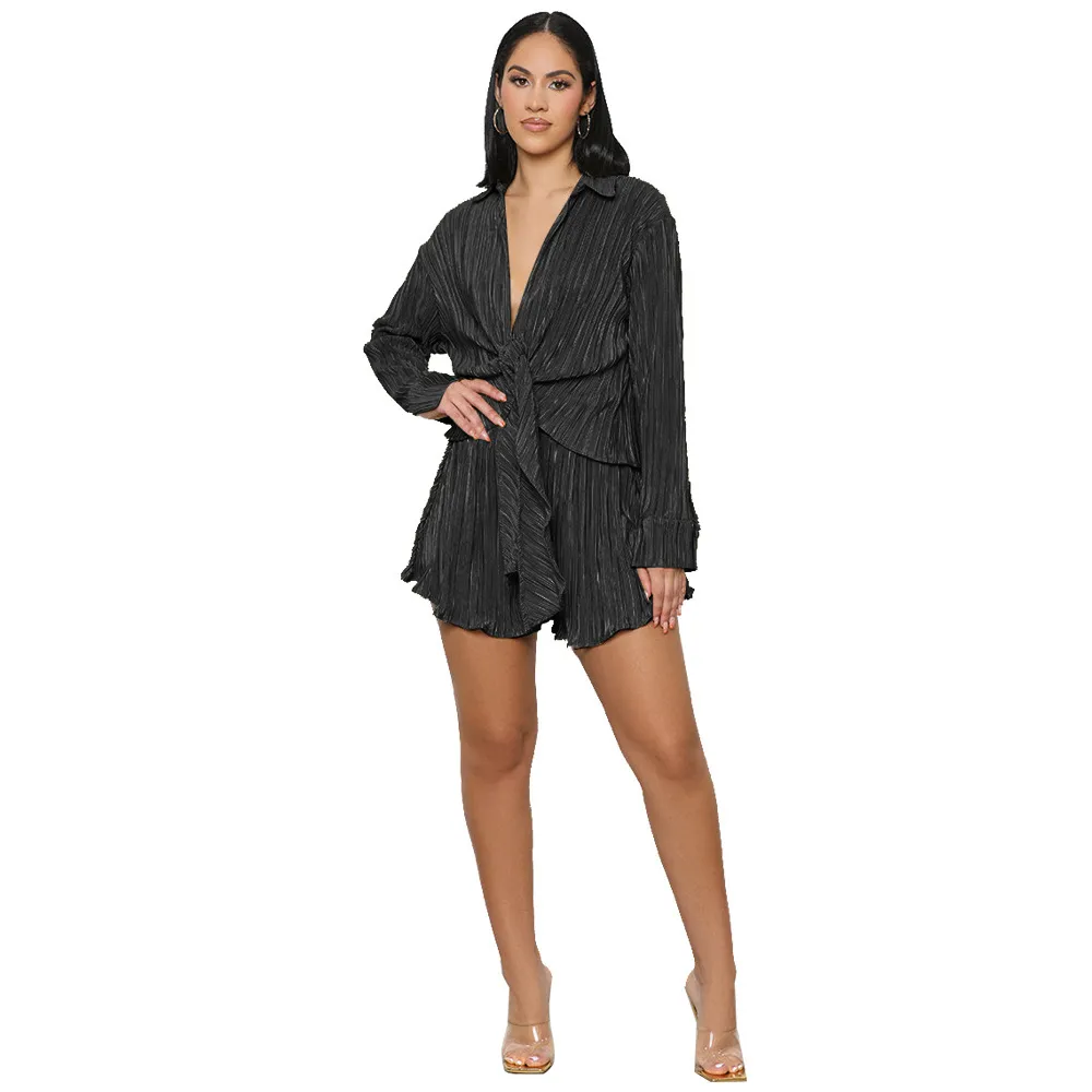 Fashion Pleated Shorts Two-piece Set - Black