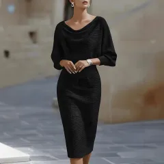 Fashionable Pleated Batwing Sleeve Midi Dress - Black - View 1