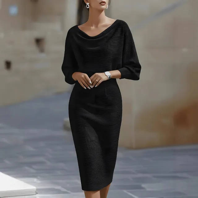 Fashionable Pleated Batwing Sleeve Midi Dress Black - Shop at LoveMi
