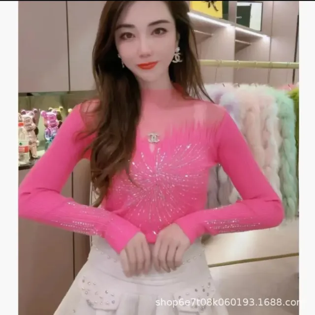 Knitwear Women's Korean style Diamond embedded Fashion Lace Bottoming Rose Red - Shop at LoveMi