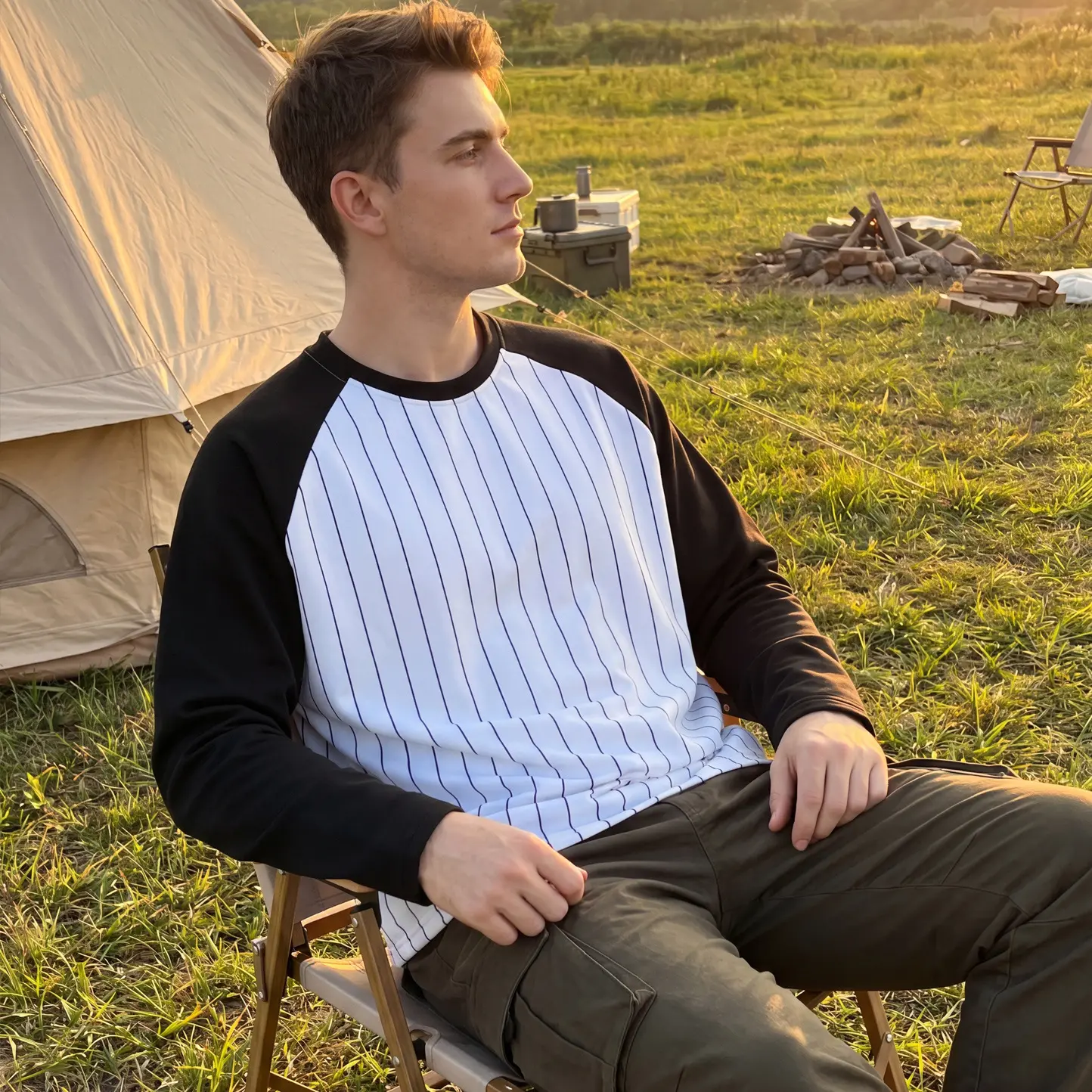 Mens Short Raglan-Style Baseball Long-Sleeve Striped Casual