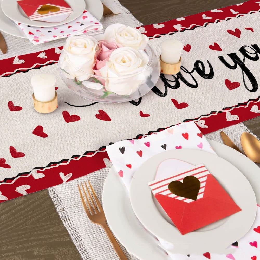 Valentine's Day Table Runner Linen Tablecloth (Red-30x180CM)