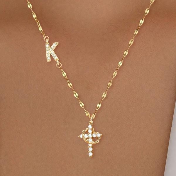 Geometric Zircon-Inlaid Cross Necklace Design