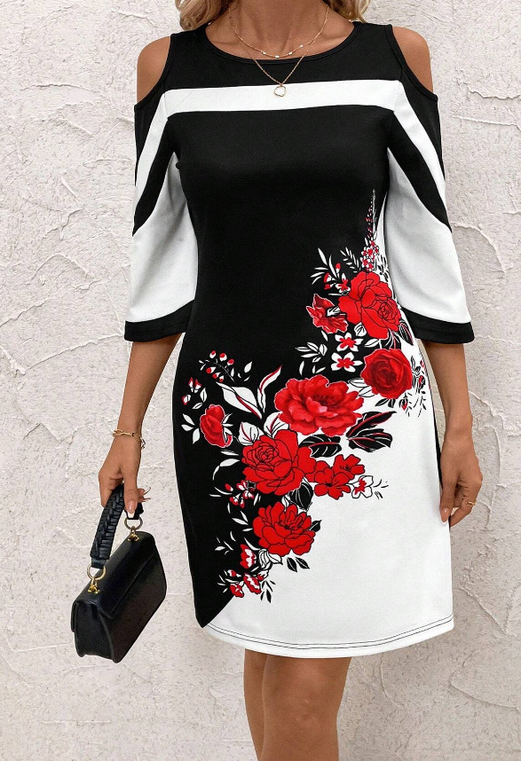 Women's Casual Fashionable Rose Print Contrast Color Slim Fit Dress Rose - Shop at LoveMi