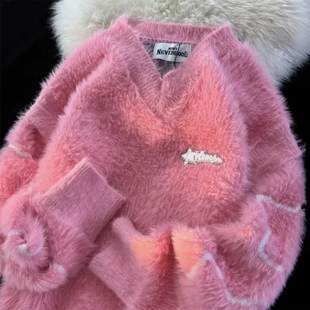 Street Long Sleeve Pullover Couple V neck Loose Sweater Pink - Shop at LoveMi