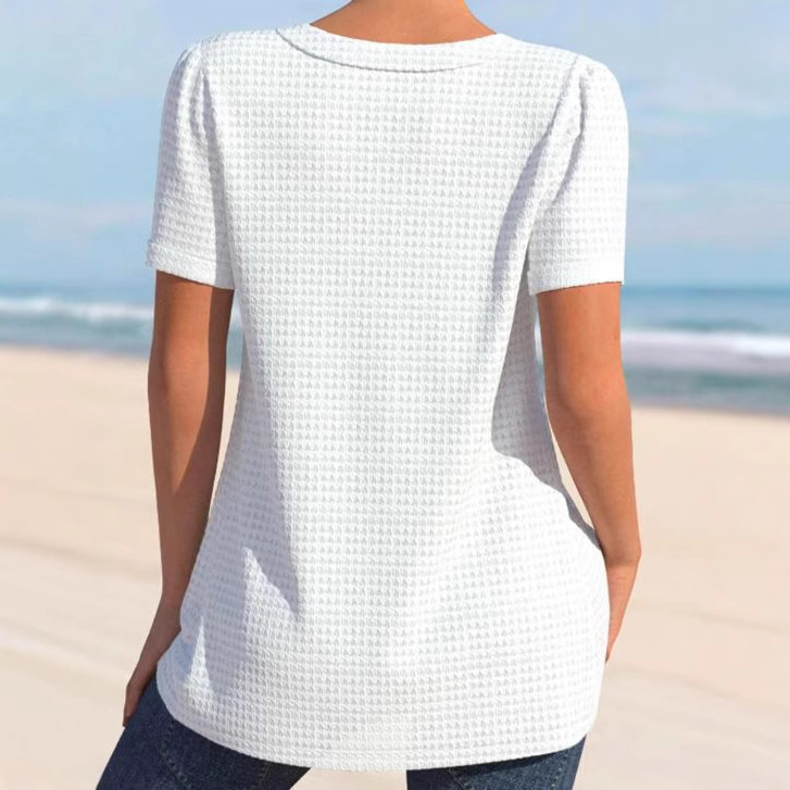 European And American Solid Color Buttons V-neck Short Sleeve Loose Casual Top