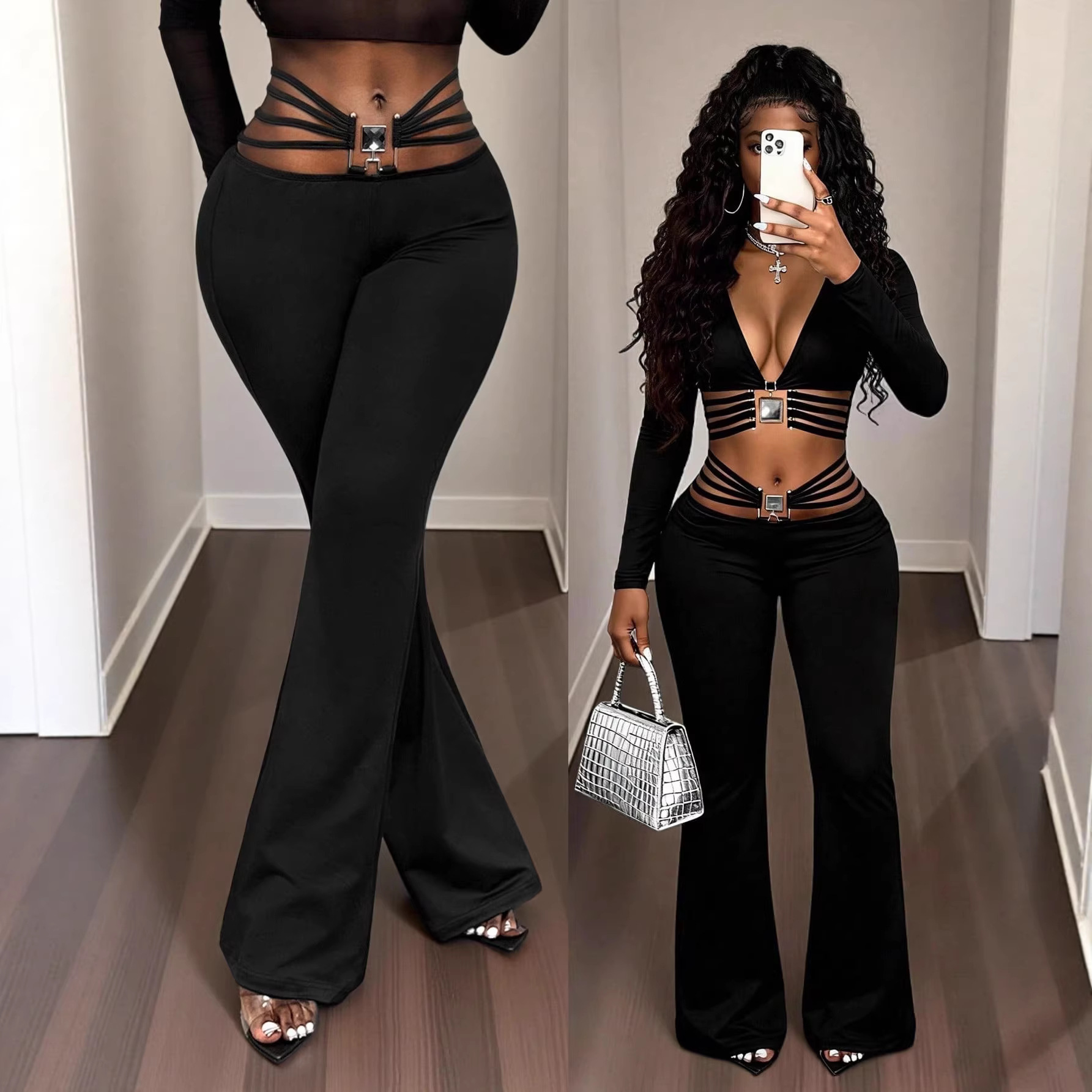 Black High-waist Flared Pants With Tummy-control And Butt-lifting Features