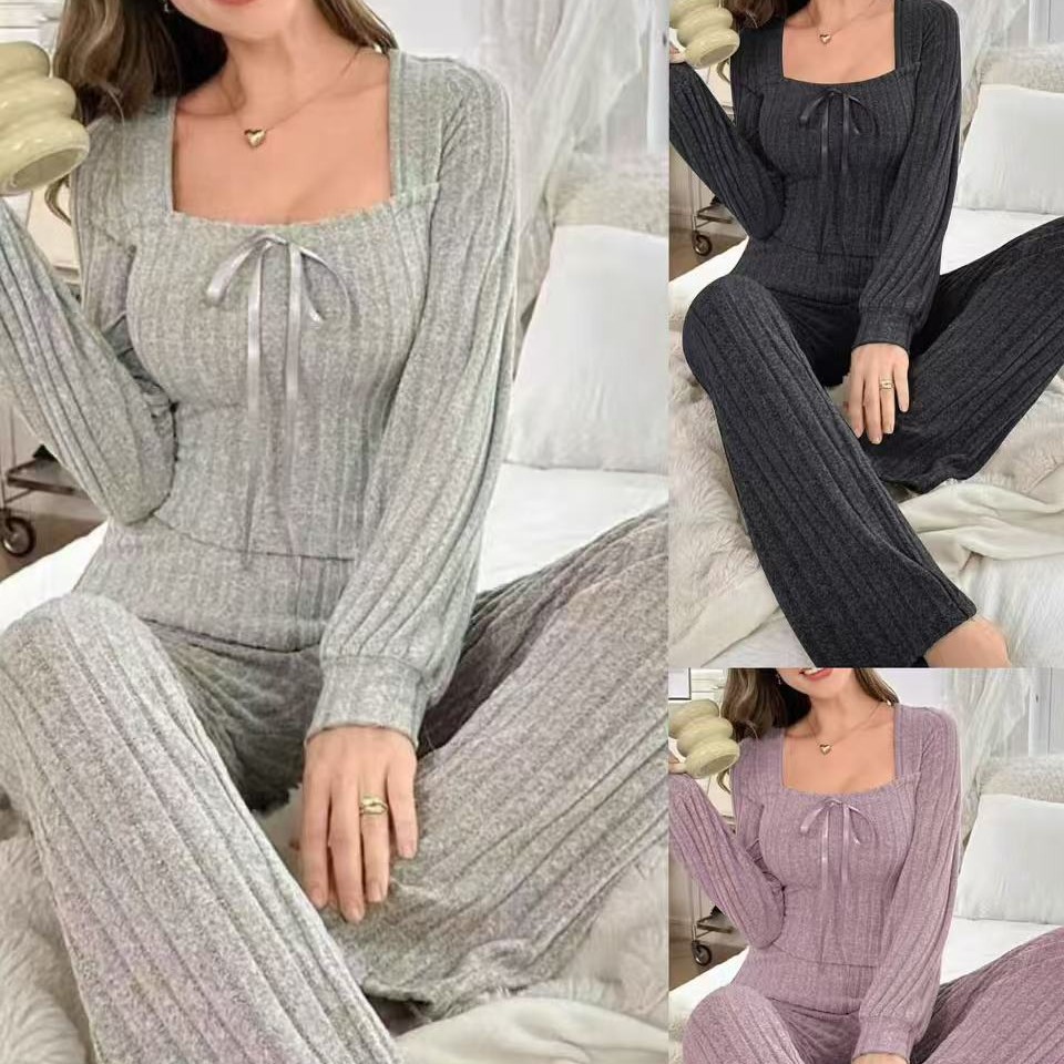 Brushed Fleece Lined Ribbed Long Sleeve Pajama Set - Women's U Neck Comfortable Loungewear for Winter