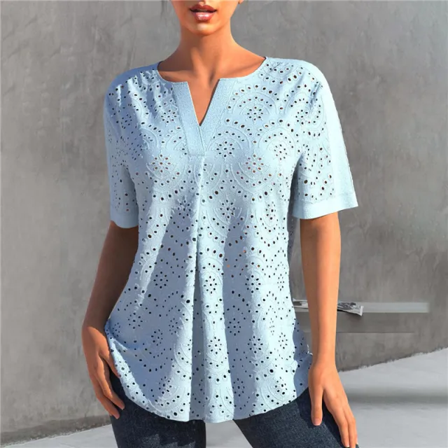 Women's Embroidered Hollow Out V neck Short sleeved T shirt Top Blue - Shop at LoveMi