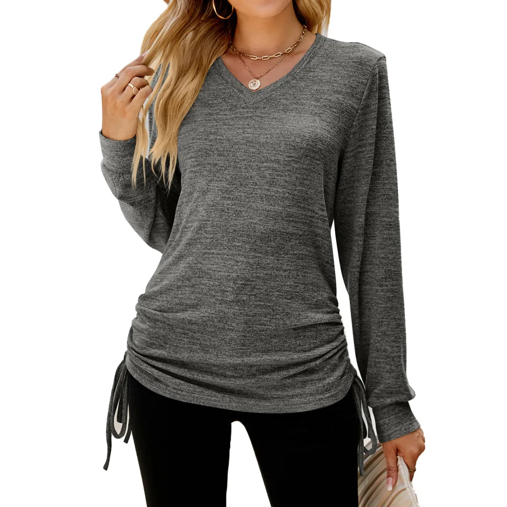 Women's Top Solid Color V-neck Hem Lace-up Long-sleeved Women's T-shirt - Gray