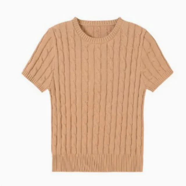 Simple Round neck Comfortable Rib Short Sleeve Pullover Sweater Camel - Shop at LoveMi