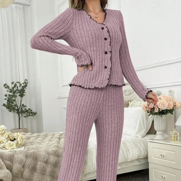 Womens Breathable Casual Cardigan Loungewear Set Purple - Shop at LoveMi