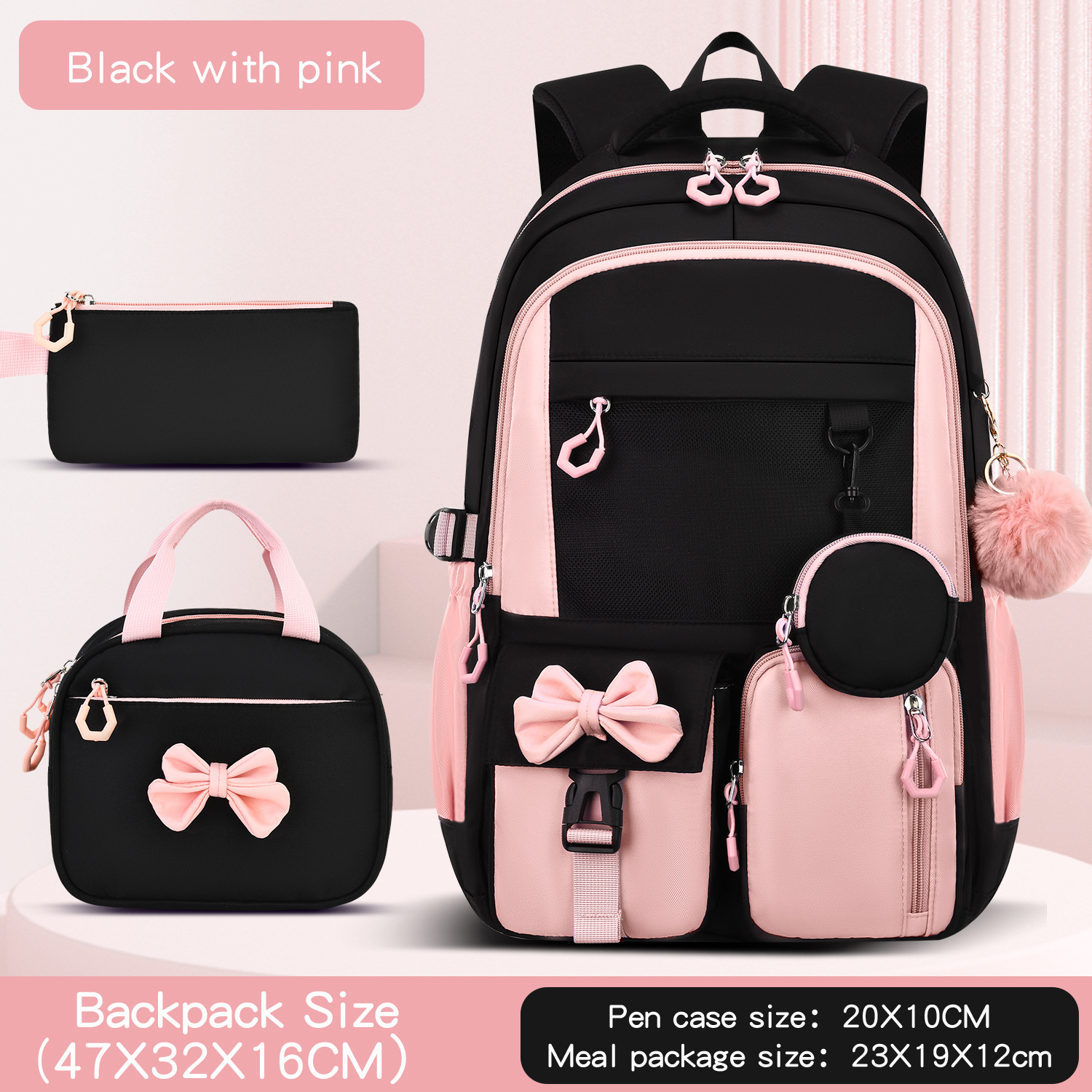Simple Three-Piece Backpack Set For Elementary And Middle School Students Black Pink 3PCs