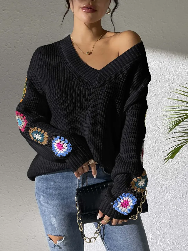 Autumn And Winter Crochet Stitching V neck Pullover Sweater Black - Shop at LoveMi