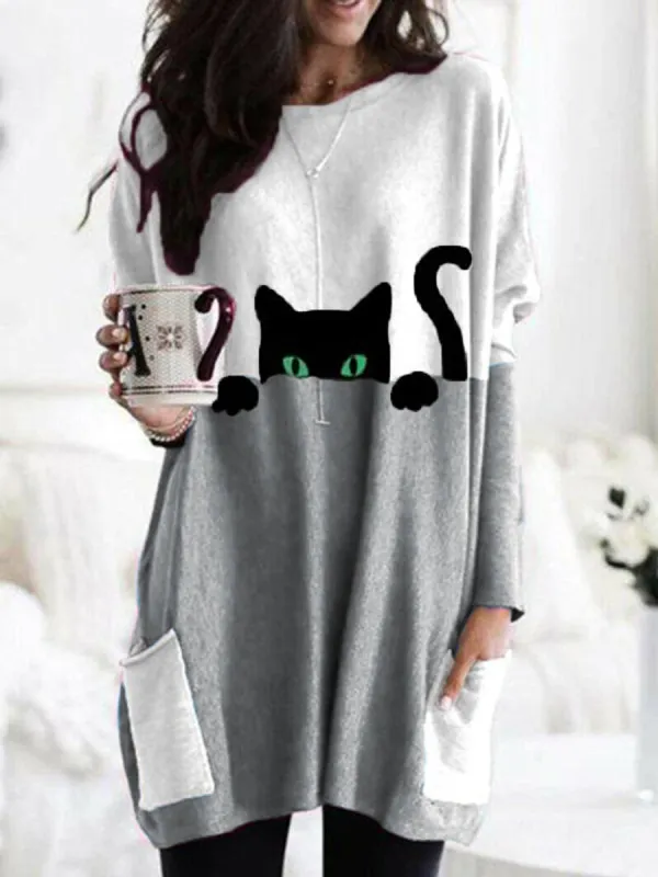 Women's Black Cat Print Round Neck Contrast Color Patchwork Pocket Long Sleeve T shirt Light Gray - Shop at LoveMi