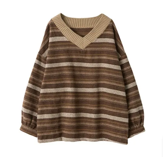 Striped Contrast Color V neck Idle Style Pullover Loose Sweater Brown - Shop at LoveMi
