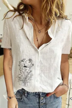 Women's Printed Linen Shirt Short Sleeve - White 1342 - View 1